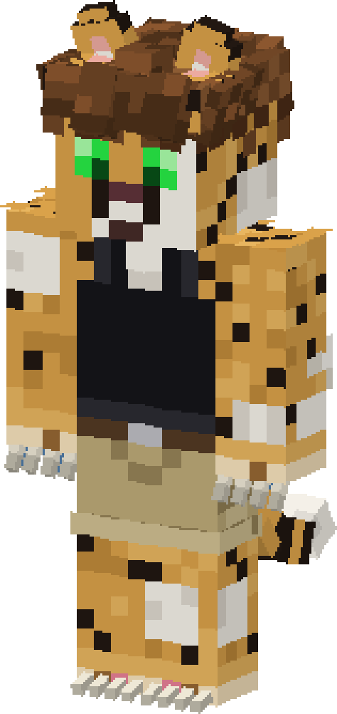 Fluffah's Minecraft skin: a piebald cheetah with green eyes